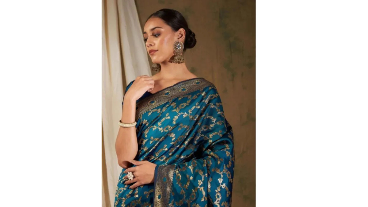 Sangria Blue Floral Kanjeevaram Saree