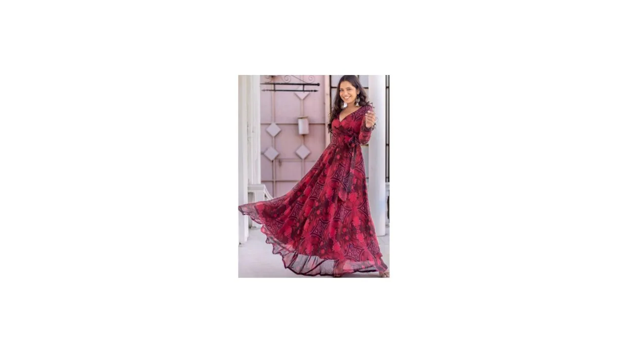 BYUTIFY Floral Printed Anarkali Georgette Kurta with Trousers