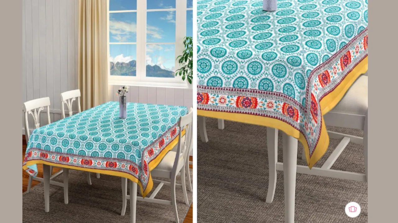 BLANC9 White & Sea Green Floral Printed Rectangular Cotton Table Cover