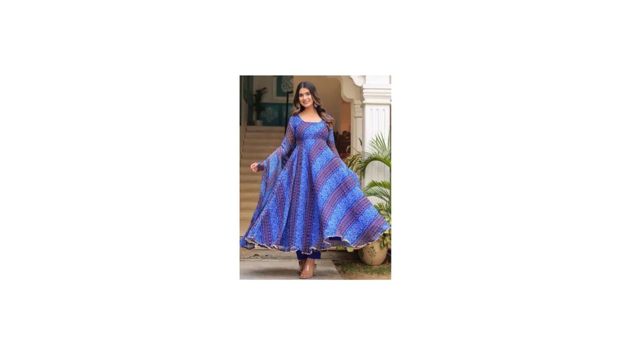 BYUTIFY Georgette Anarkali Kurta With Trouser And Dupatta