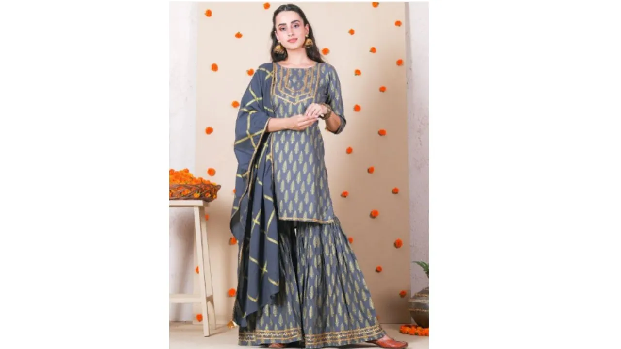 Rustorange Women Grey Kurta with Skirt 