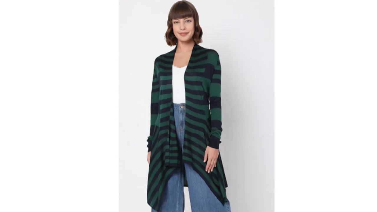 Vero Moda Women Green & Black Striped Shrug