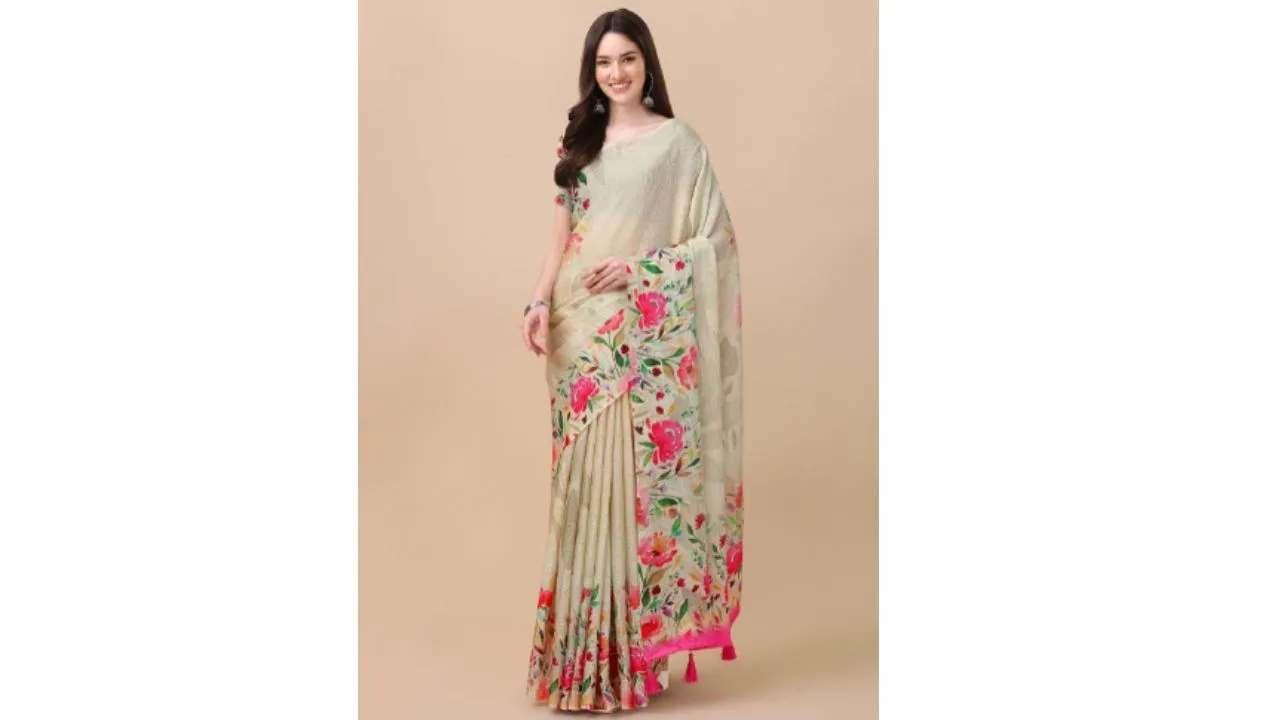 Mitera Beige & Pink Floral Saree
