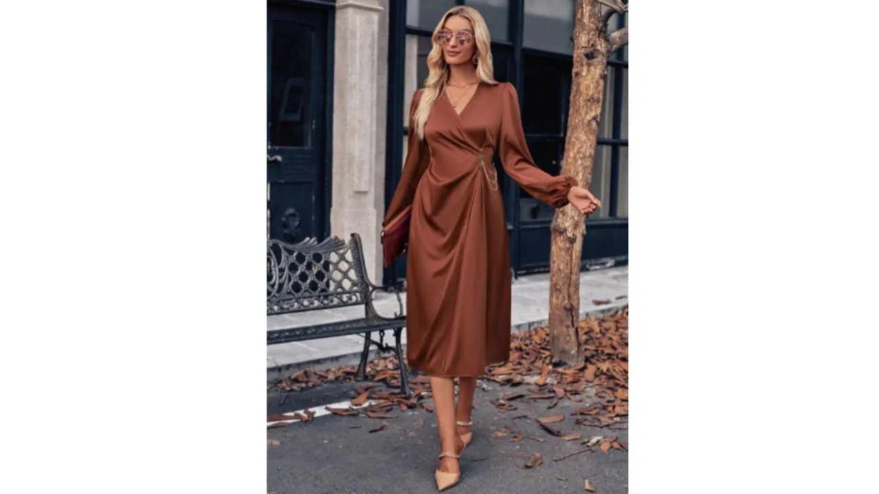 StyleCast Brown V-Neck Puff Sleeve Wrap Dress