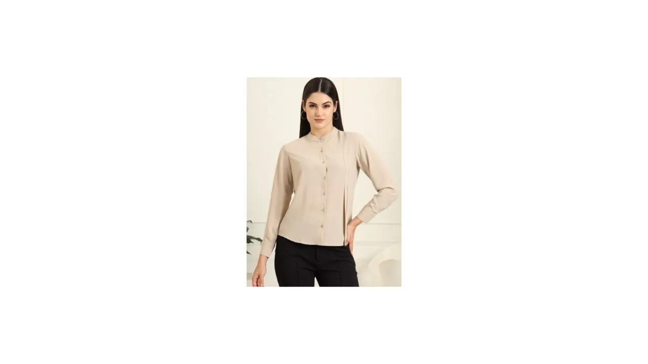 FITHUB Women Band Collar Solid Casual Shirt