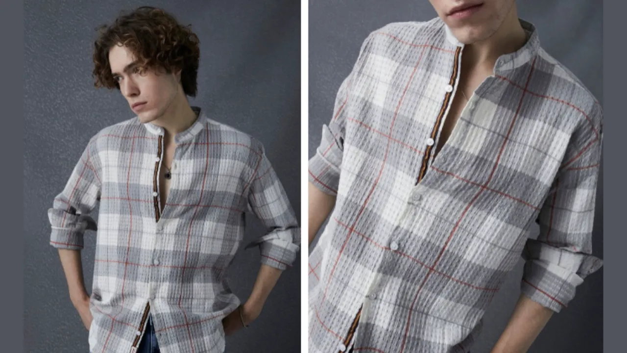 VOLTEDGE Voltedge Men Relaxed Fit Cotton Textured Check Mandarin Collar Cotton Plaid Shirt