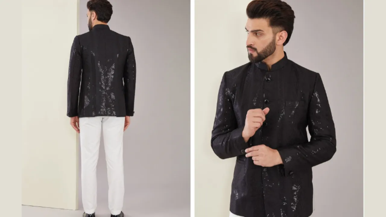KASBAH CLOTHING NISHCHAIY SAJDEH Sequined Silk Bandhgala Jacket