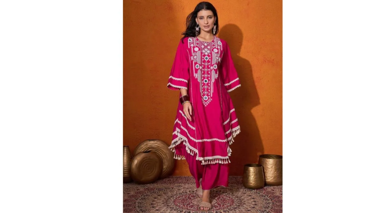 Sangria Floral Embroidered A-Line Kurta 