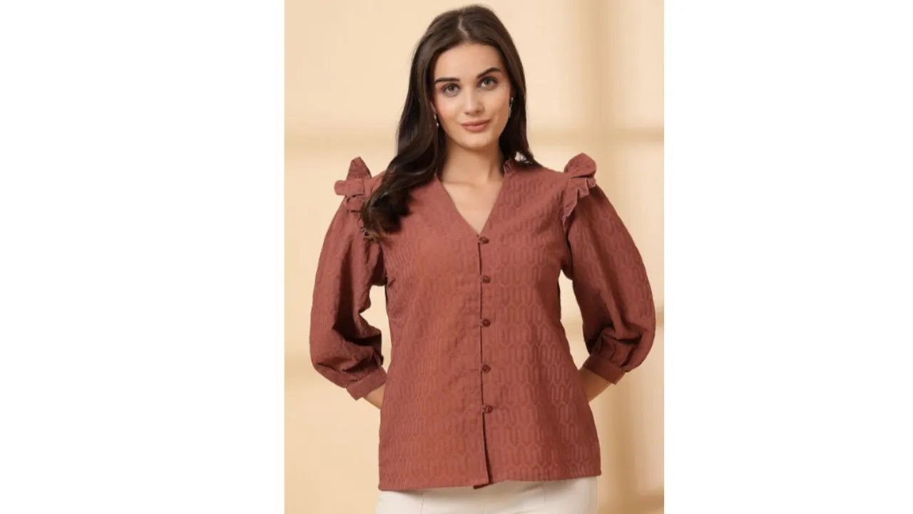 plusS Women Self Design Shirt Style Regular Top