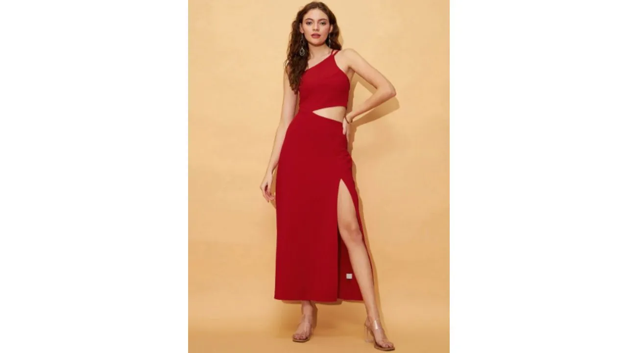RARE Red One Shoulder A-Line Midi Dress