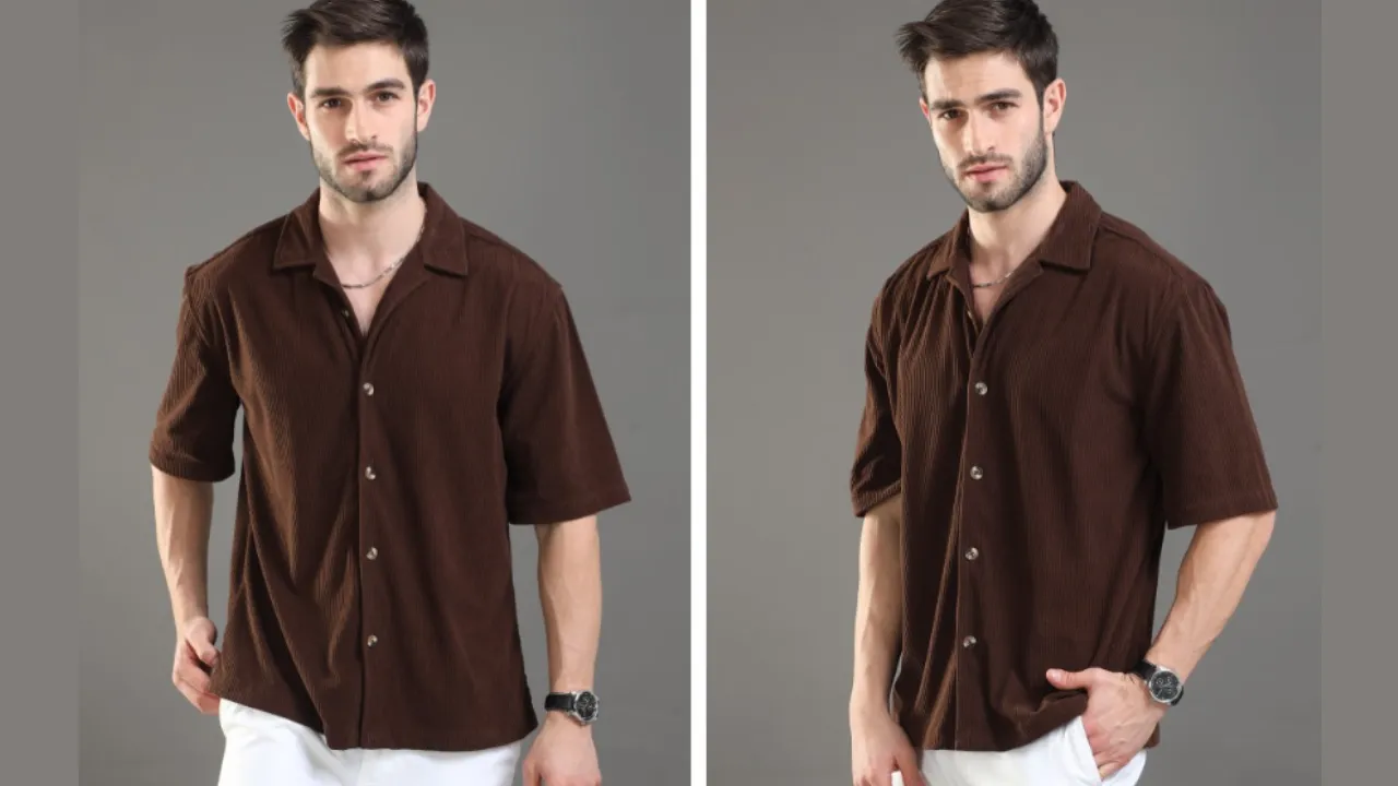 HERE&NOW Ribbed Cuban Collar Corduroy Oversized Casual Shirt