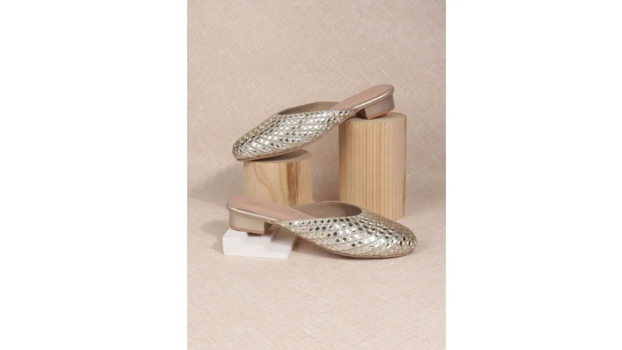 Metro Mirror Work Embroidered Block Heel 