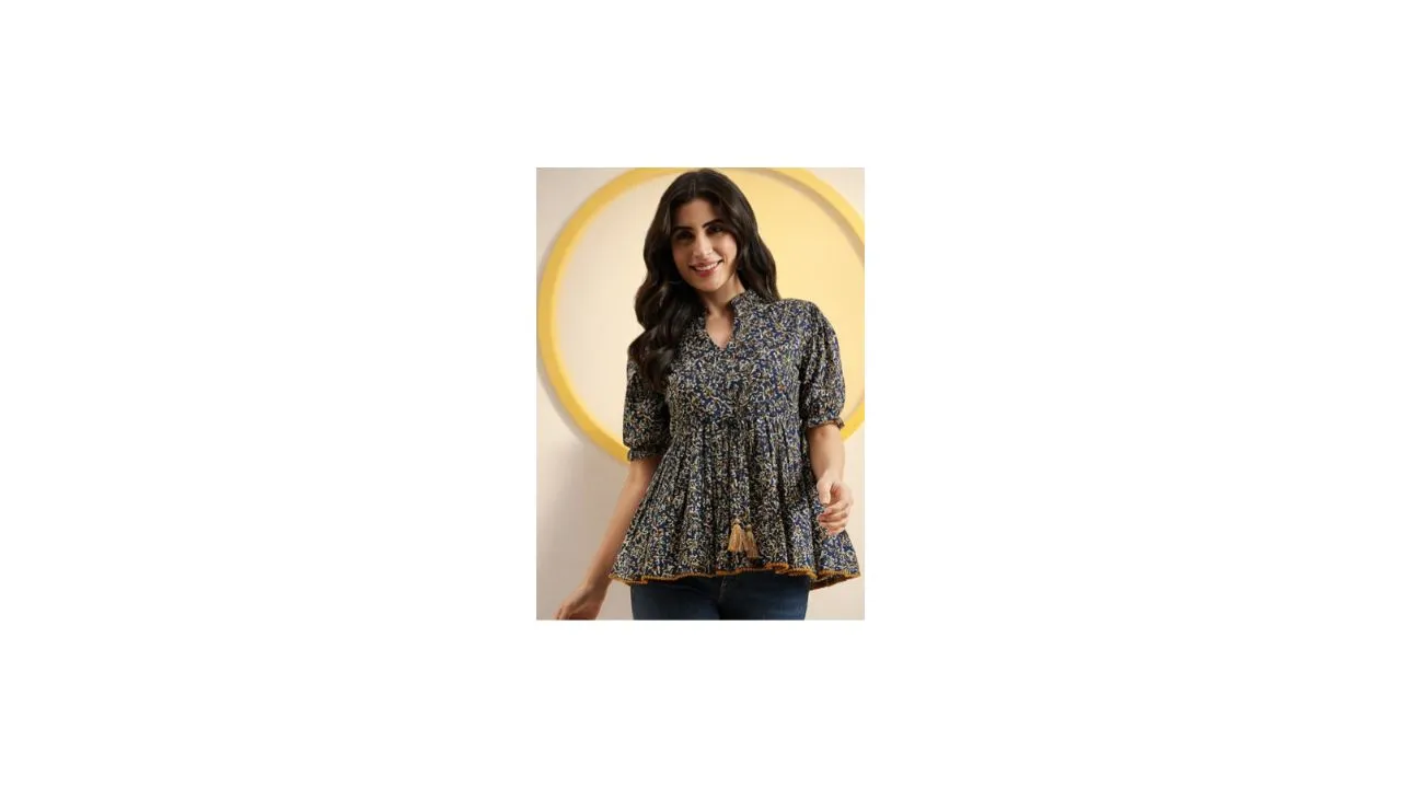 Azira Floral Print Mandarin Collar Puff Sleeve Cotton Peplum Top