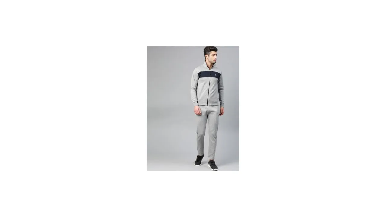 CHKOKKO Men Grey Melange Solid Gym Tracksuit