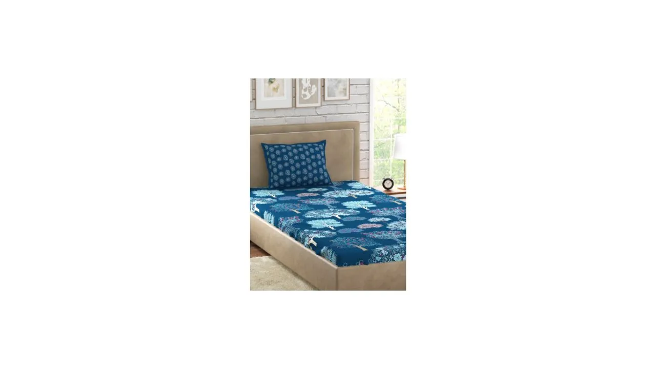 PETAL HOME Blue Floral 300 TC Single Bedsheet
