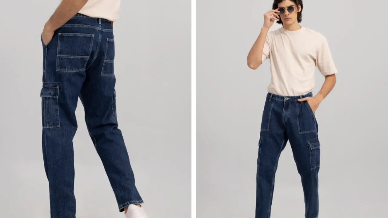 Snitch Men Blue Wide Leg Stretchable Cotton Cargo Jeans