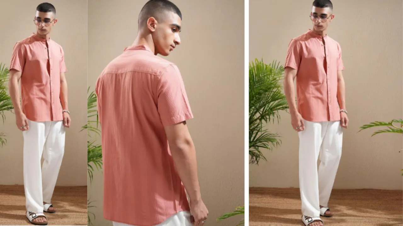 Highlander Men Rose Pink Dobby Textured Solid Mandarin Collar Casual Shirt