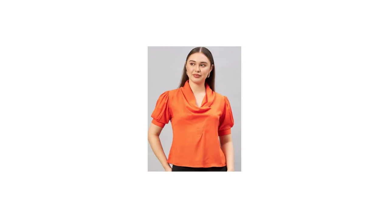 Antheaa Elit Cowl Neck Puffed Sleeves Crepe Top
