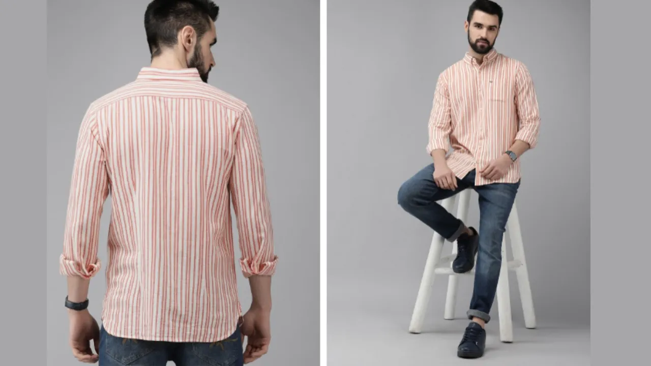 THE BEAR HOUSE Men Off White & Orange Slim Fit Striped Linen Cotton Casual Shirt