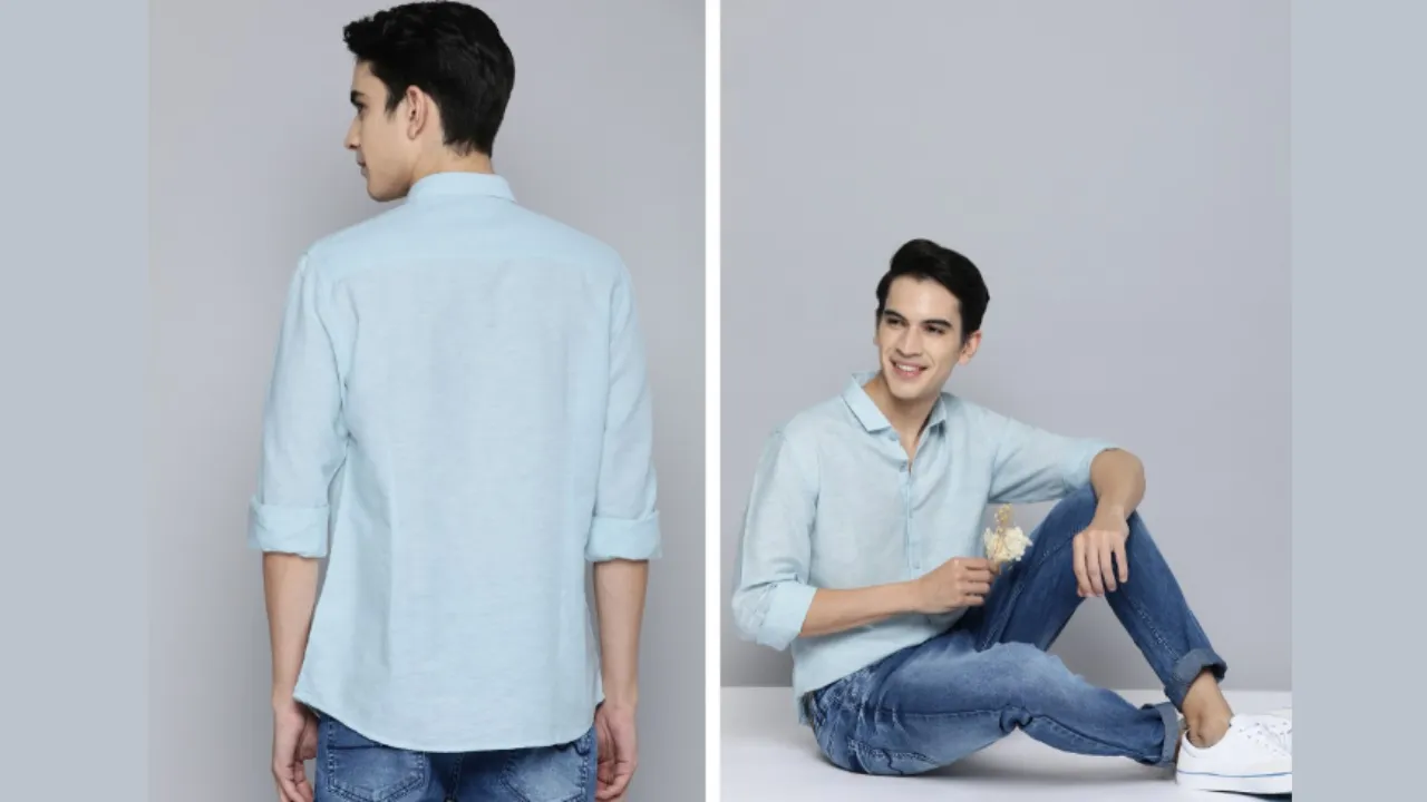 Mast & Harbour Men Blue Solid Opaque Cotton Linen Casual Shirt