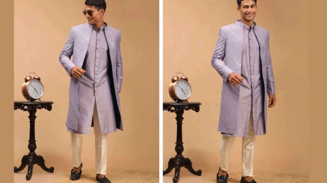 VASTRAMAY Men Purple Mirror Work Front Open Sherwani Over Kurta Pyjama Set