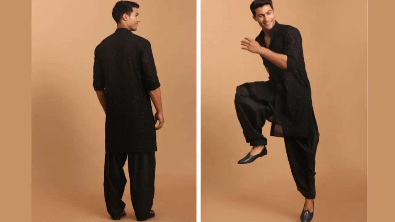 VASTRAMAY Men Georgette Sequence Semi Sheer Kurta With Patiala