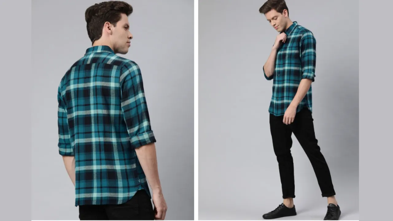 THE BEAR HOUSE Men Teal Blue & Black Slim Fit Checked Flannel Casual Shirt