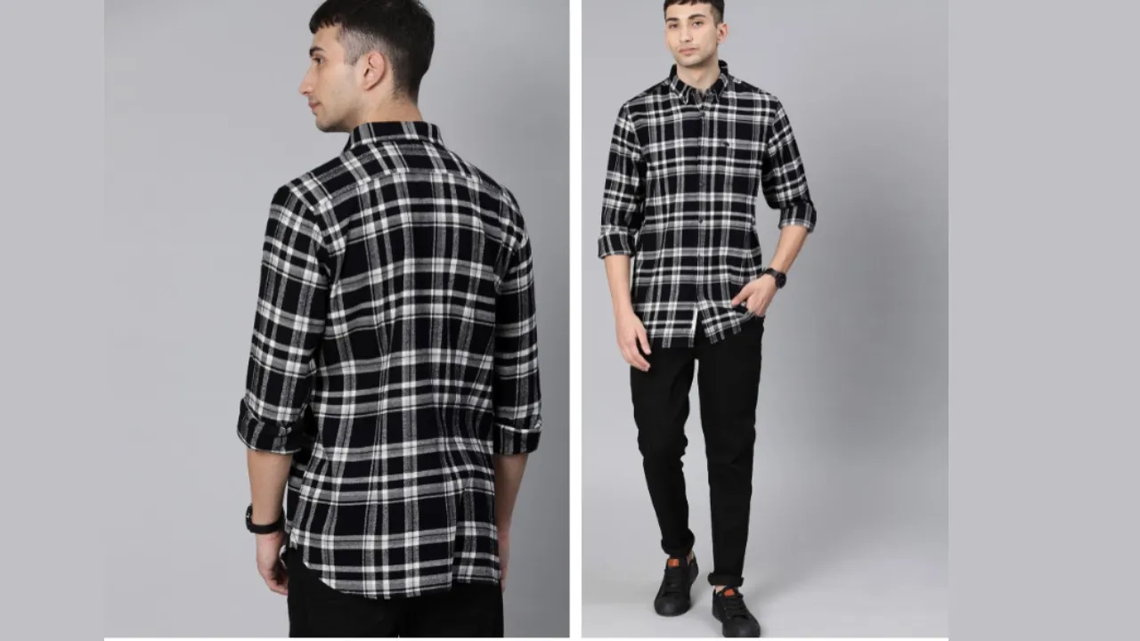 THE BEAR HOUSE Men Black & White Slim Fit Checked Flannel Casual Shirt