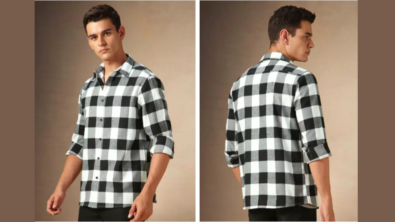 Dennis Lingo Men Spread Collar Flannel Checked Cotton Relaxed Fit Casual Shirt