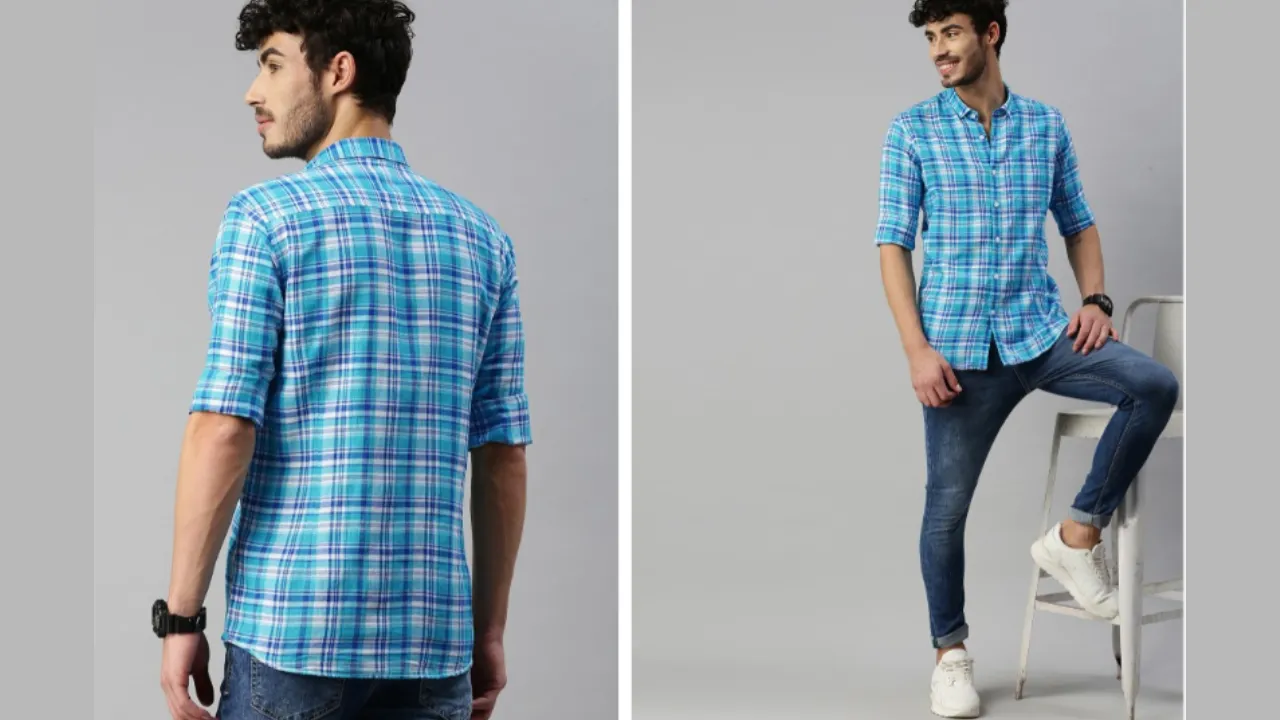 Mast & Harbour Men Blue & White Regular Fit Checked Casual Cotton-Linen Shirt