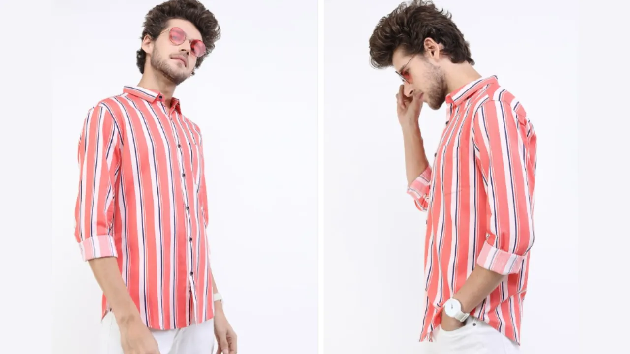 KETCH Men Peach-Coloured Slim Fit Striped Casual Shirt