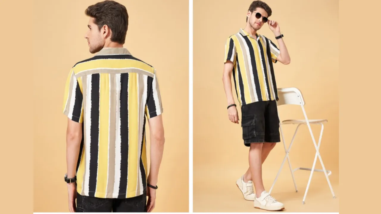 People Cream-Coloured Slim Fit Vertical Striped Cuban Collar Casual Shirt