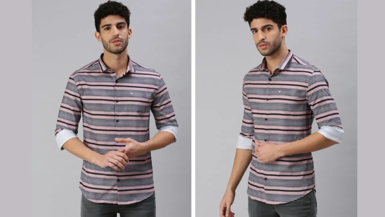 SHOWOFF Men Peach-Coloured Comfort Horizontal Striped Pure Cotton Casual Shirt