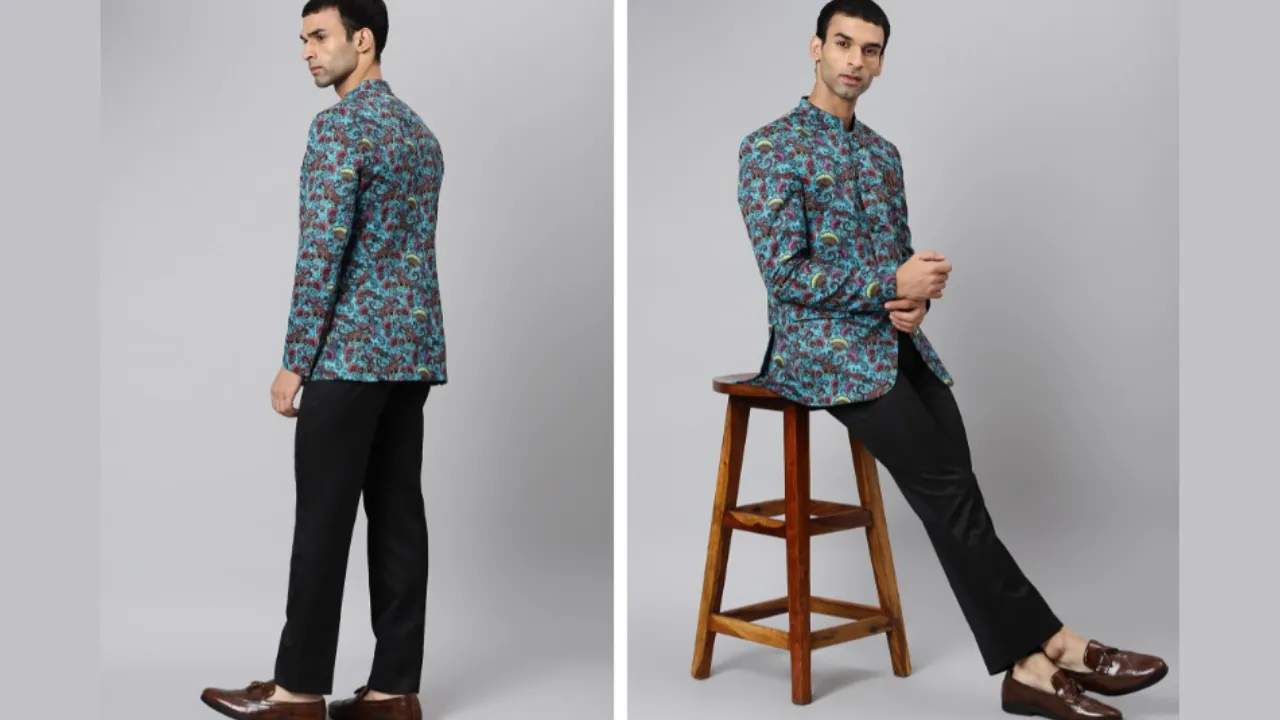 Hangup Men Blue & Black Printed Bandhgala 2-Piece Suits