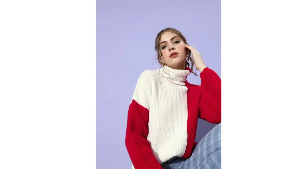 STREET 9—Women Gorgeous Red Colourblocked Knitted Sweater