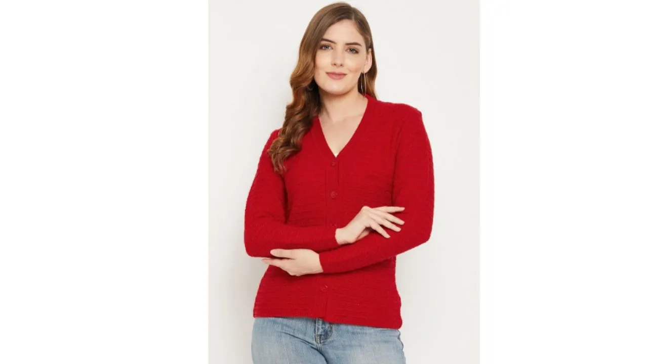 Zigo – Women Red Self Design Cable Knit Wool Cardigan Sweater