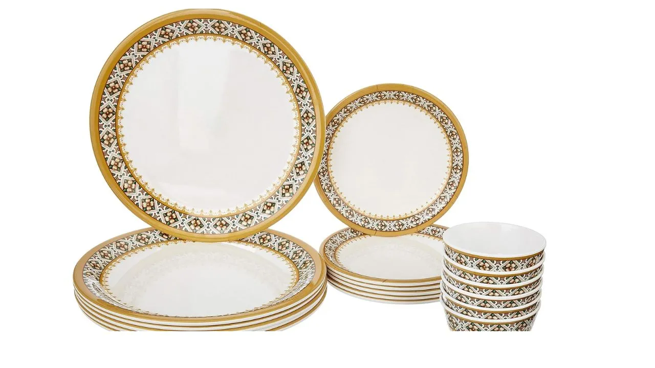 Amazon Brand - Solimo Majestico Melamine Floral Dinnerware Set (White,18 Pieces)