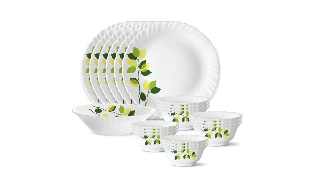 Larah by Borosil Green Leaves Silk Series Opalware Dinner Set 