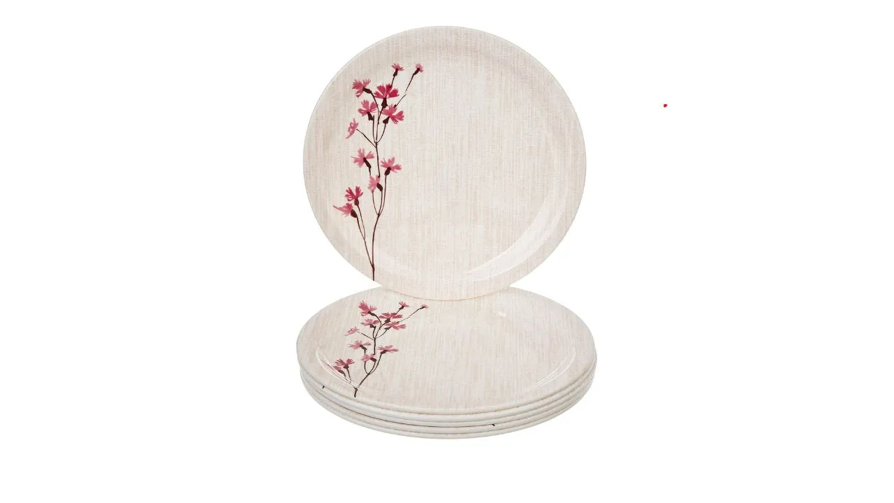 Amazon Brand - Solimo Plastic Classico Melamine Floral Dinner Plate Set (White, 11 Inches, 6 Pieces)