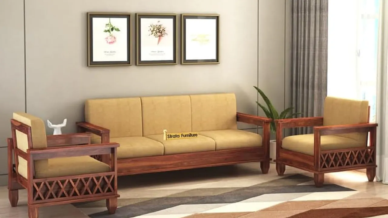 Strata Furniture Solid Sheesham Wood 5 Seater Sofaset For Living Rooms 3+1+1 Wooden Sofa