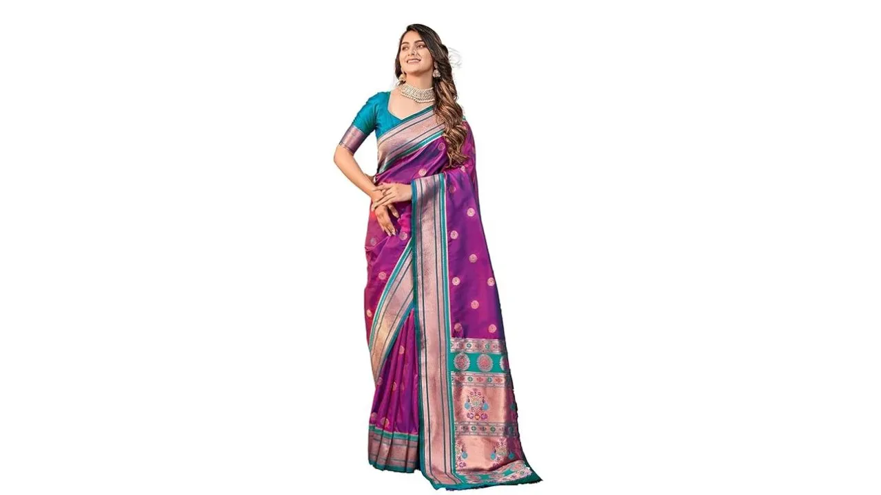 NK Textiles Women's Peacock Peafowl Butti Paisley Zari Woven Paithani Silk Saree