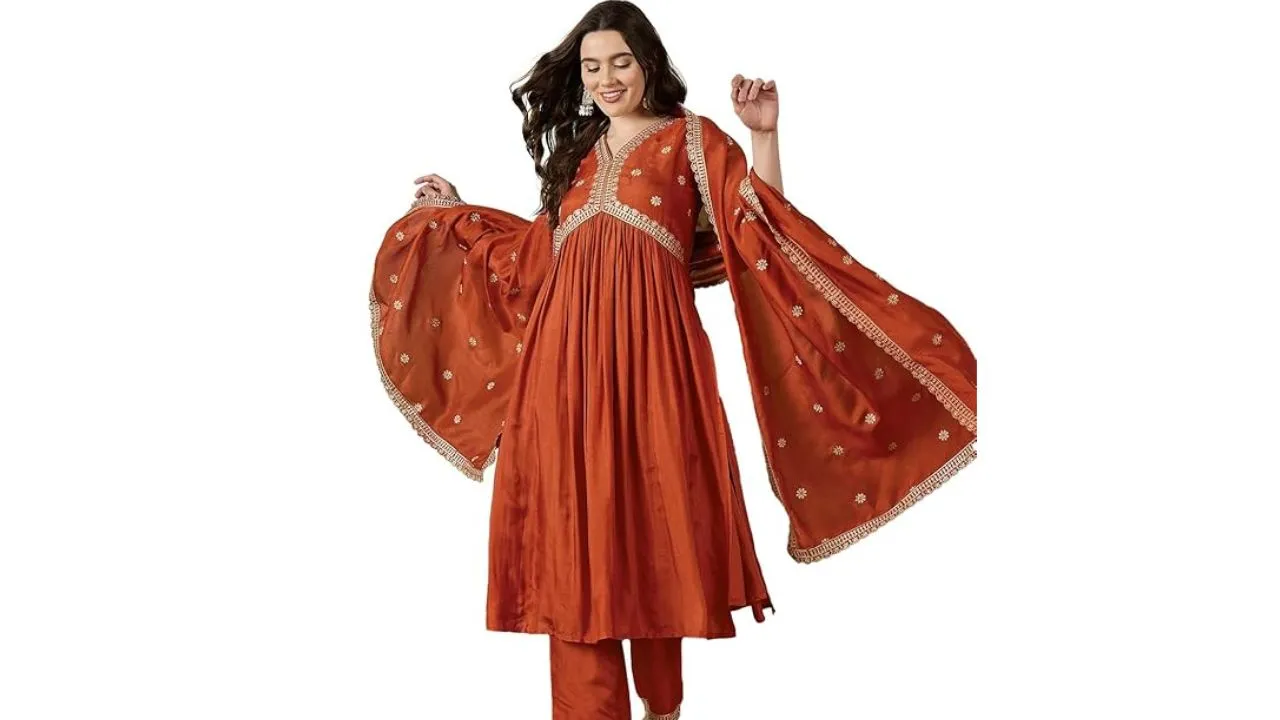 SheWill Women's Orange Vichitra Silk Alia Cut Kurta Set