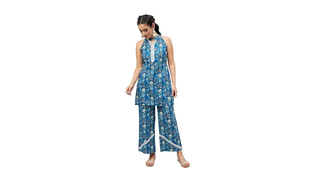 WineRed Woman Blue Floral with Lace Co-Ord Set