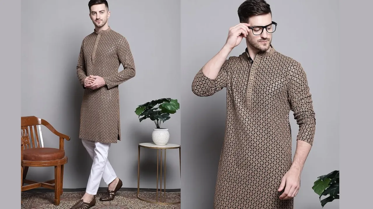 Jompers Mens Sequin Embroidered Pure Cotton Kurta