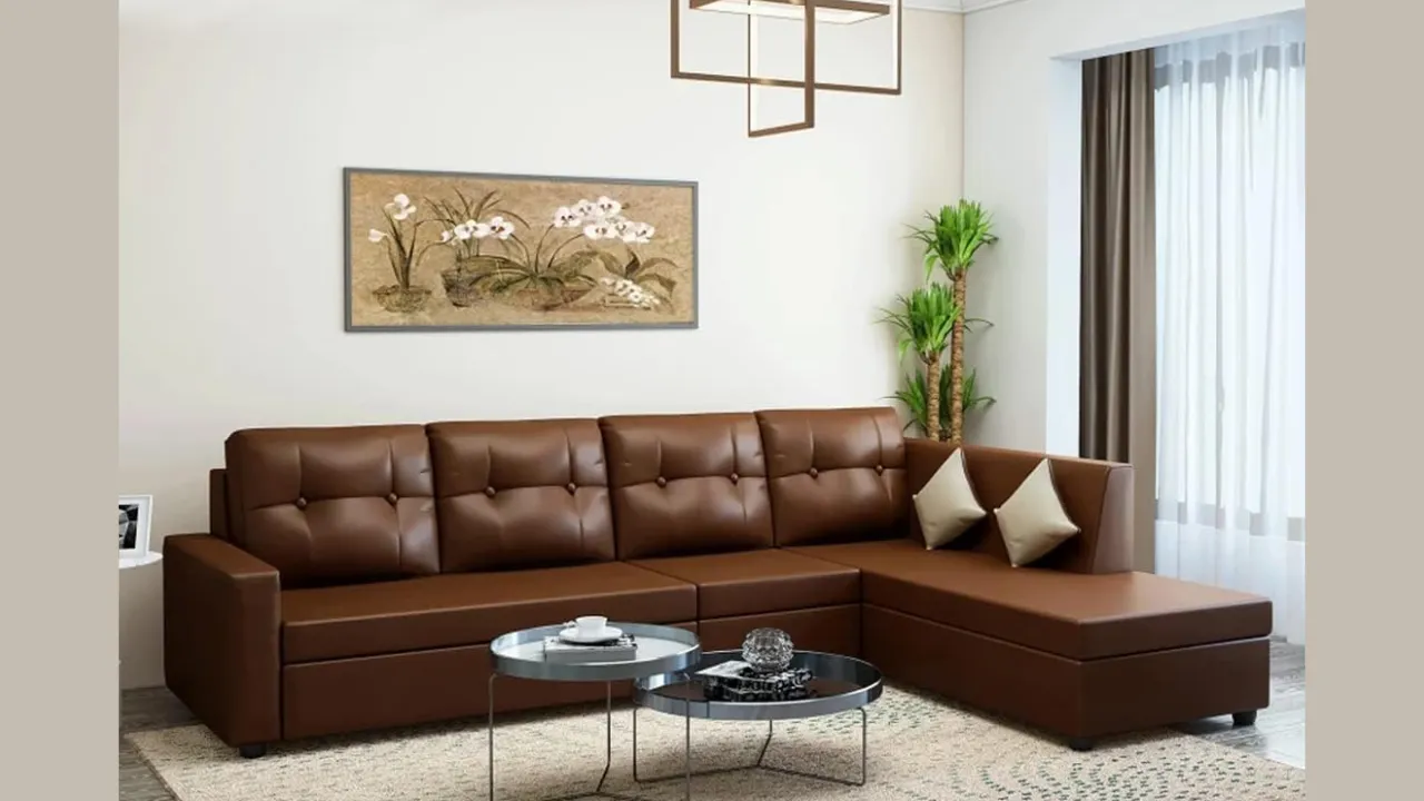 FURNY Nathanoy 6 Seater Leatherette RHS L Shape Sofa Set