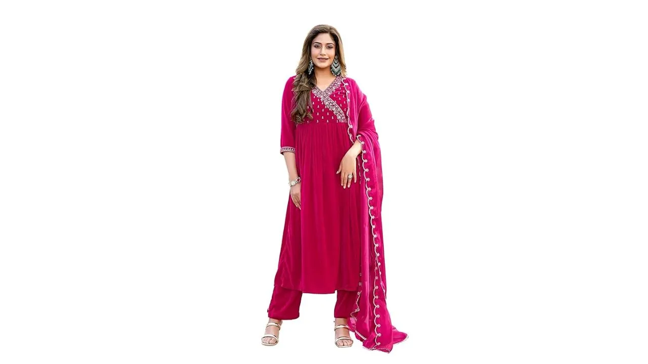 Janasya Women's Pink Velvet Kurta Set