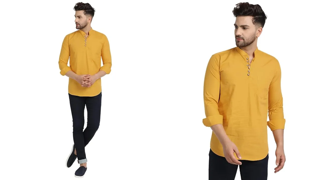 Majestic Man Cotton Solid Casual Short Kurta for Men