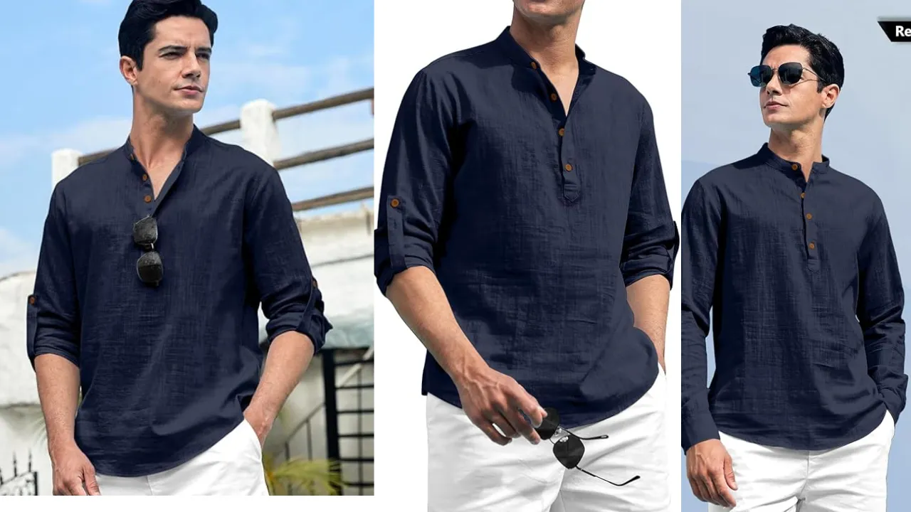 SHOPYCLICK Men's Cotton Blend Solid Casual Regular Fit Mandarin/Chinese Collor Short Kurta for Men