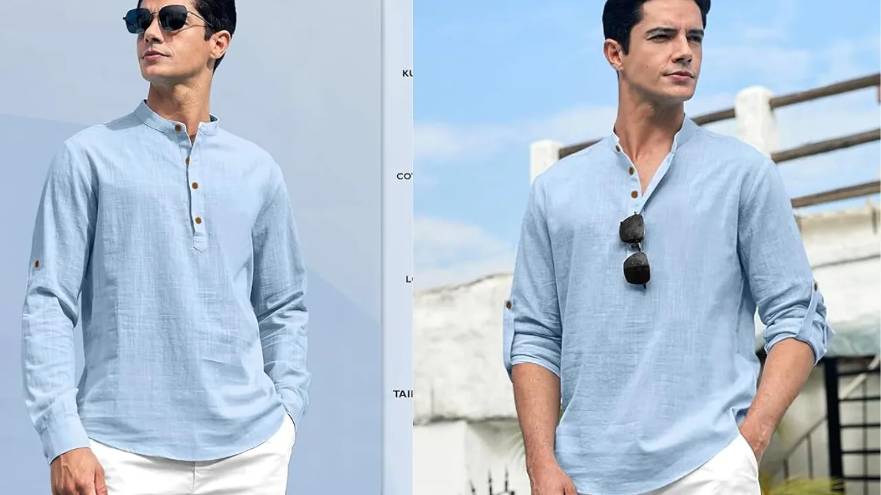 Zombom Cotton Blend Solid Casual Regular Fit Mandarin/Chinese Collor Short Kurta for Men