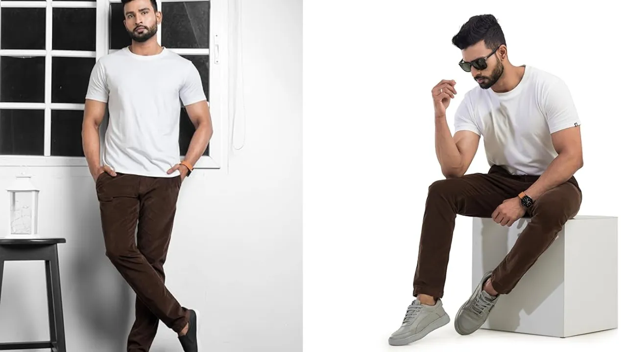 BELANO Men Slim Fit Brown Corduroy Cotton Stretch Chinos